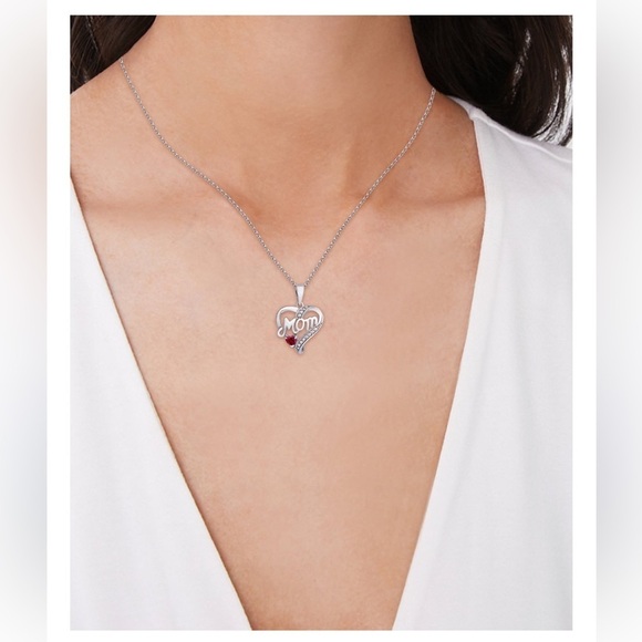 NWT MACY’S RHODOLITE GARNET & WHITE SAPPHIRE HEART MOM STERLING SILVER NECKLACE - Picture 2 of 12